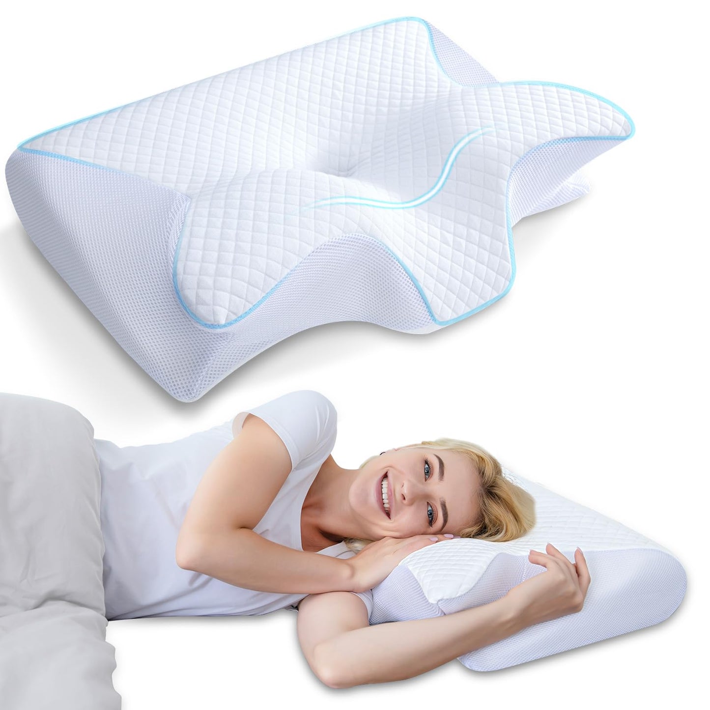 HOMCA Memory Foam Cervical Pillow, 2 in 1 Ergonomic Contour Orthopedic Pillow for Neck Pain, Contoured Support Pillows for Side Back Stomach Sleepers