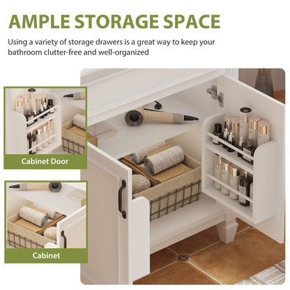 Sweetcrispy 30" Bathroom Vanity with Sink, Bathroom Storage Vanity Sink with 2 Doors, Farmhouse Wooden Free Standing Bathroom Cabinet with Sink, Easy Assembly, NO Mirror Faucet, Ivory White