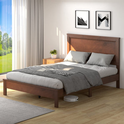 KOMFOTT Full Size Wood Platform Bed Frame with Headboard, Wooden Mid Century Platform Bed with Slat Support & Under Bed Storage, Mattress Foundation Bed Base, No Box Spring Needed, Walnut