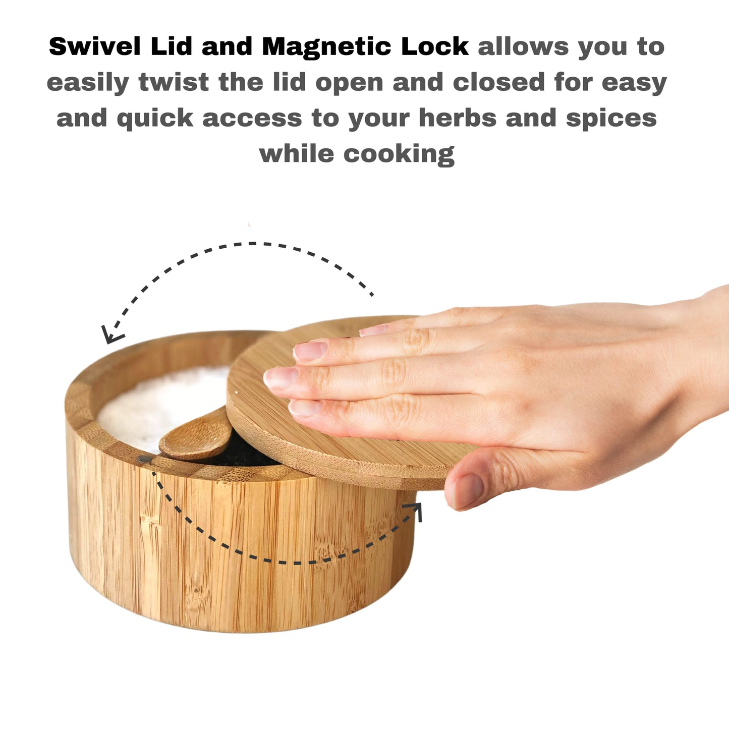 Bamboo Salt and Pepper Box - 2 Compartment - Built-in Serving Spoon - Swivel Lid with Magnet to Keep Dry, Dust-free - Salt Cellar Seasoning Container Holder Bowl- Divider with 7 Ounce Capacity