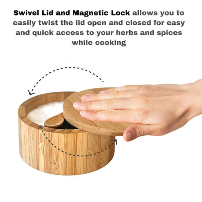 Bamboo Salt and Pepper Box - 2 Compartment - Built-in Serving Spoon - Swivel Lid with Magnet to Keep Dry, Dust-free - Salt Cellar Seasoning Container Holder Bowl- Divider with 7 Ounce Capacity