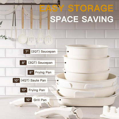 Astercook 23 Pcs Pots and Pans Set Non Stick, Ceramic Cookware Set Detachable Handle, RV Kitchen Cooking Set Removable Handles, Oven Safe, Induction Ready, Stackable, Cream White, Mothers Day Gifts