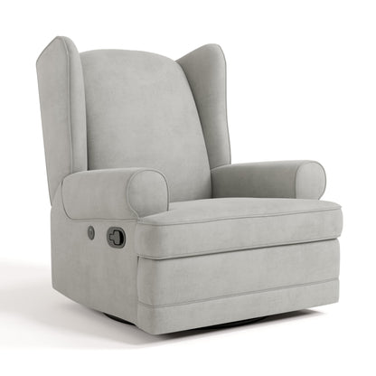 Storkcraft Serenity Upholstered Swivel Glider with USB Charging Port (Steel) – Fully Upholstered Wingback Nursery Glider Recliner with Manual Recline Function, Rocking Chair, 360 Swivel Base