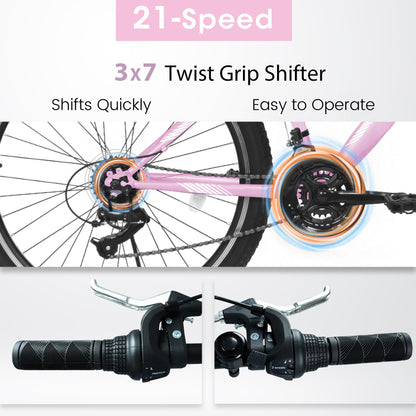 HIWORK Mountain Bike 26 Inch, High Density Carbon Steel Frame Girls Bike with 21-Speed Front Suspension Dual V-Brakes, Bike for Teenagers Girls Womens Bicycle | Pink