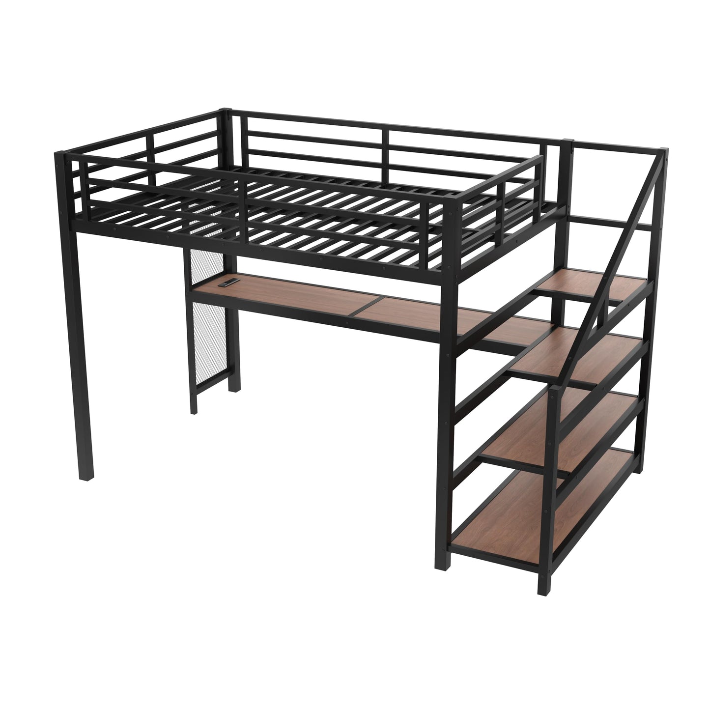 Full Size Loft Bed with Desk and Storage Stairs, Metal Loft Bed Frame with LED Lights, Charging Station, and Multi-function Iron Nets, Loftbed for Kids, Teens, Adults, Noise-free, Black and Wood