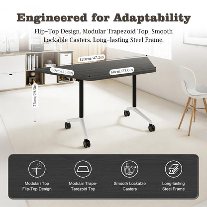 Conference Room Table, Foldable Flip Top Mobile Training Table with Wheels, 47.2 Inch Modern Rectangular Meeting Seminar Desk, Waterproof Metal Frame for Office, Classroom & Boardroom