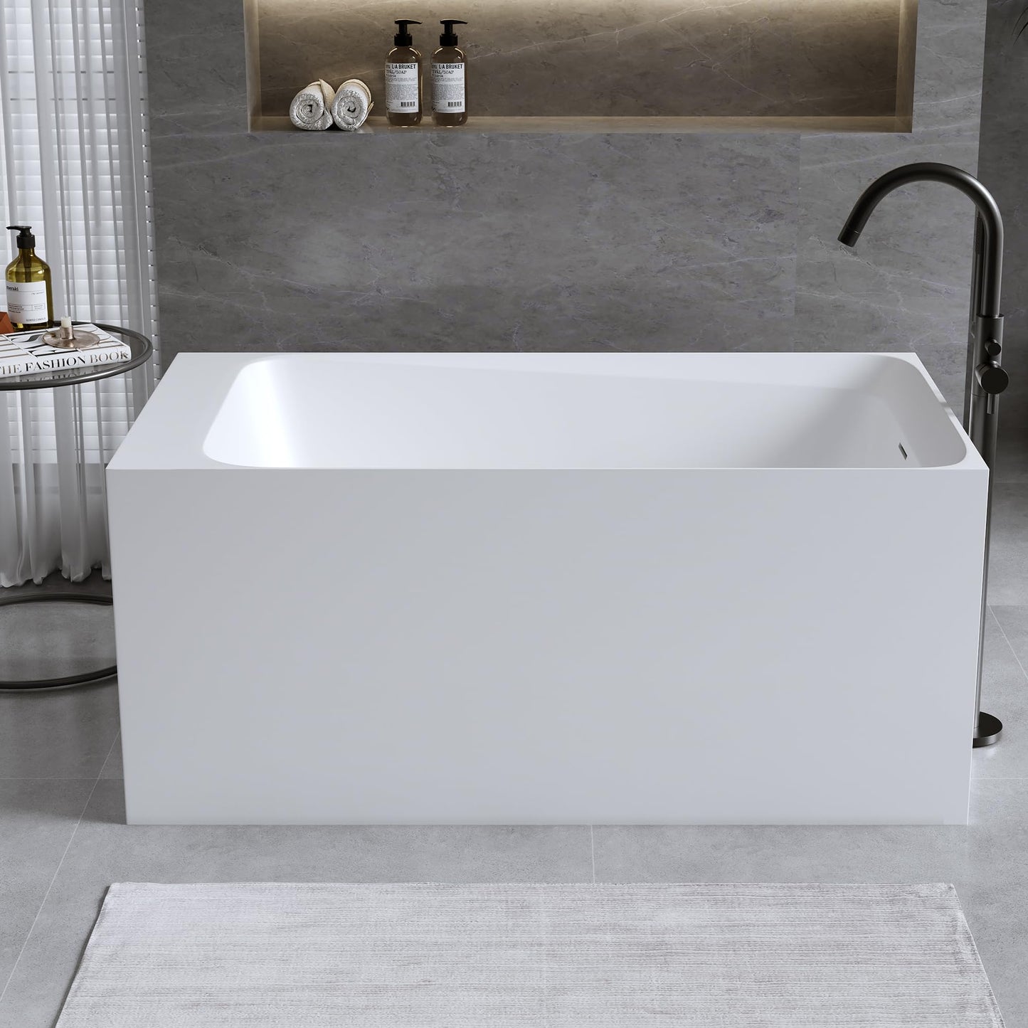 GDFStudio 51" Solid Surface Freestanding Bathtub, Matte White Resin Stone Soaking Tub with Overflow and Pop-Up Drain, Anti-Slip Stand Alone Deep Soaker Tub for Modern Bathroom Spa Relaxation