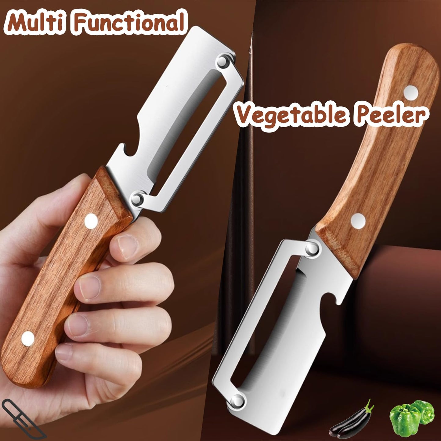 Premium Vegetable Peeler with Wooden Handle and Bottle Opener, Multi Functional Vegetable Peeler for Kitchen, Stainless Steel Blade Kitchen Tool for Vegetables or Fruits That Need to Be Peeled(2PCS)
