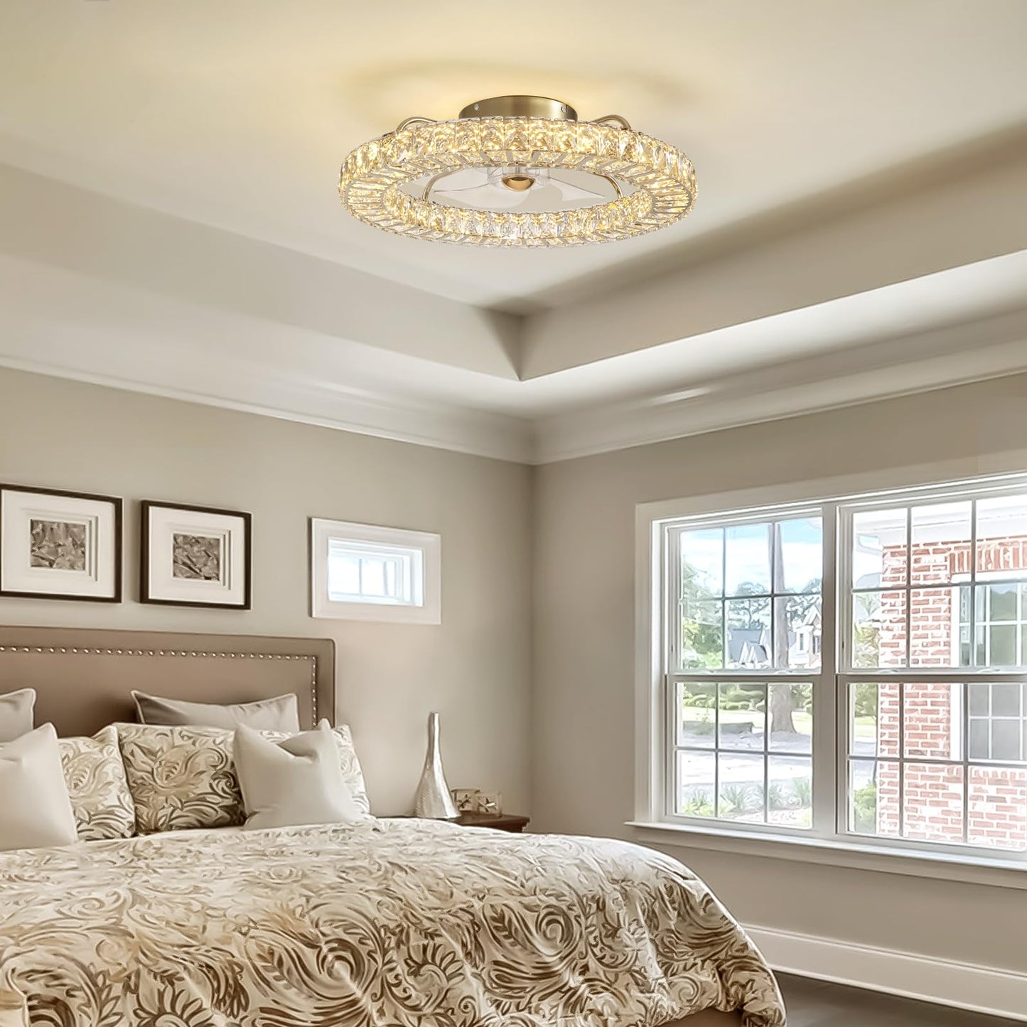MOOONICHE 22" Low Profile Flush Mount Ceiling Fan, Ceiling Fan with Light and Remote, Dimmable Fandelier with Crystal Lampshade, Bladeless Enclosed Fan Light-Gold
