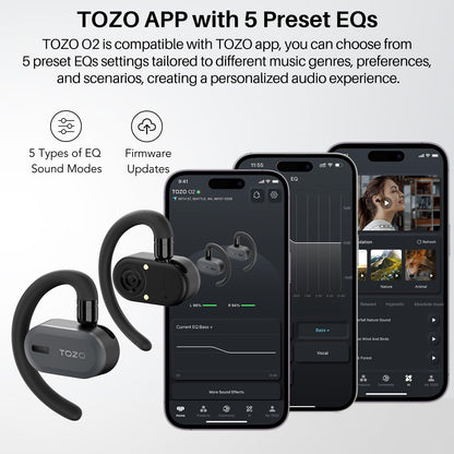 TOZO O2 True Open Ear Wireless Headphones Lightweight with Multi-Angle Adjustment, Bluetooth 5.3 Earbuds with Dual-Axis Design for Long-Lasting Comfort, Crystal-Clear Calls for Driving, Dark Black