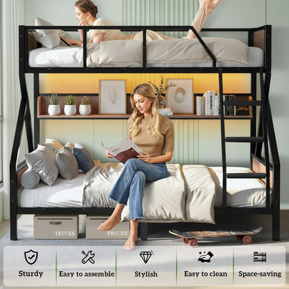 HKOLIE Twin XL Over Queen Bunk Bed with Storage Shelves & LED Lights, Heavy Duty Metal Bunk Bed Frame with Stairs, Noise-Free Design, Space-Saving Bed with Guardrails for Kids, Teens & Adults, Black