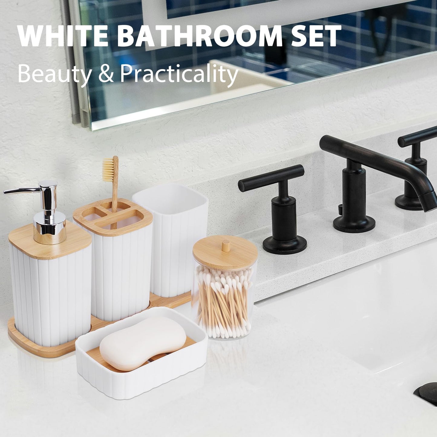 Bathroom Accessory Set - 10 Piece White Bathroom Sets Complete with Trash Can, Toothbrush Holder & Cup, Soap Dispenser, Soap Dish, Toilet Brush & Holder, Vanity Tray, Qtip Holder, Tissue Box Cover