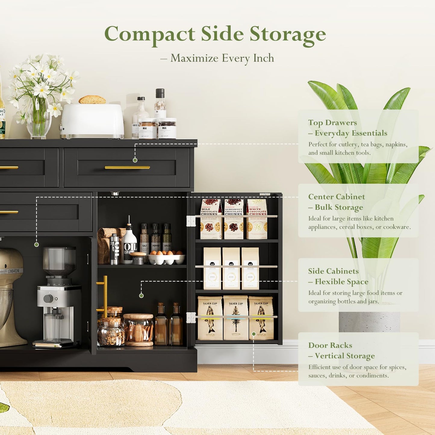 Concho 54" Buffet Cabinet with Storage, Kitchen Sideboards Small Coffee Bar Cabinet with 4 Drawers, Modern Kitchen Storage Cabinet for Living Room, Jet Black