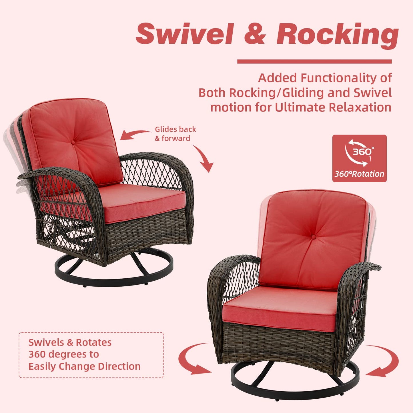 MELLCOM 3 Pieces Patio Furniture Set, Outdoor Swivel Rocker Patio Chairs, Wicker Patio Bistro Set with Rocking Chair, Thickened Cushions and Glass Coffee Table for Backyard, Garden, Wine Red