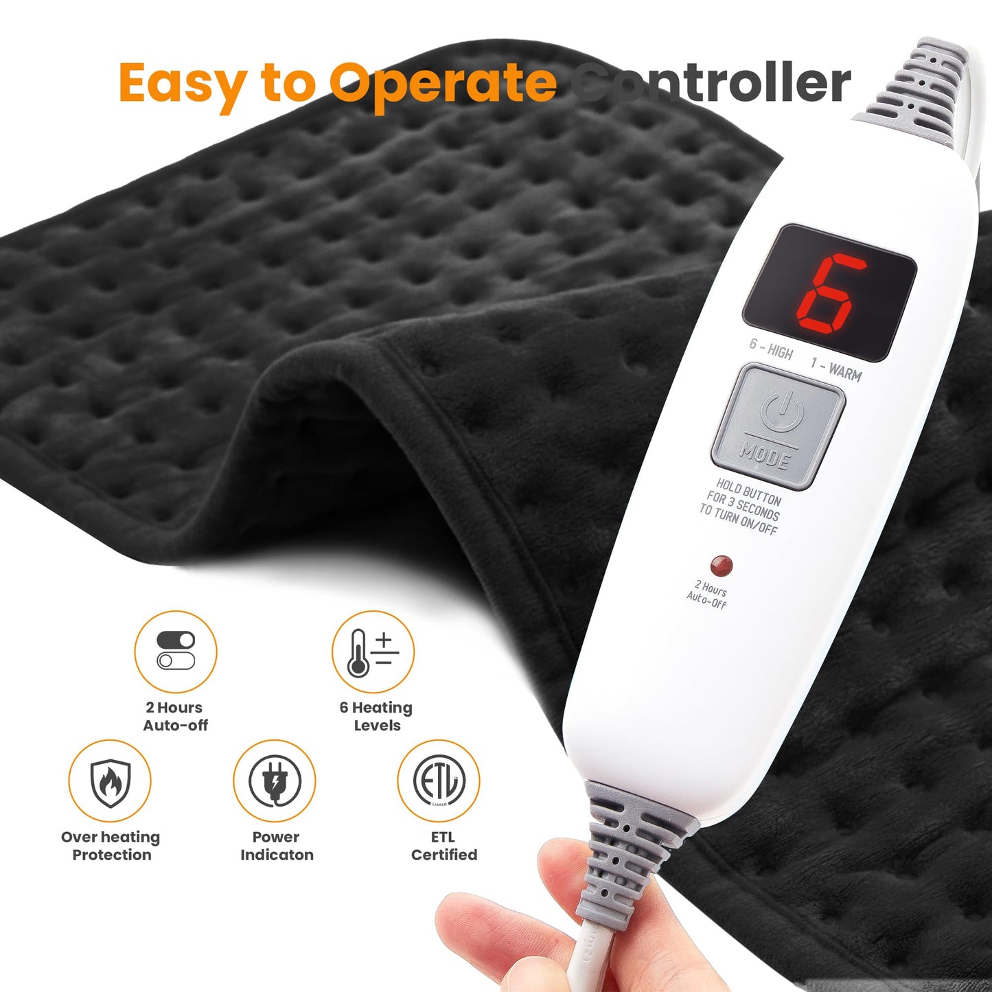 Electric Heating Pad for Back Pain Relief & Cramps - 6 Heat Settings,Auto Shut Off,Moist Heat Options,Portable Heated Pads for Neck/Shoulder Machine Washable Gift for Men Women,Grey,12"x24"