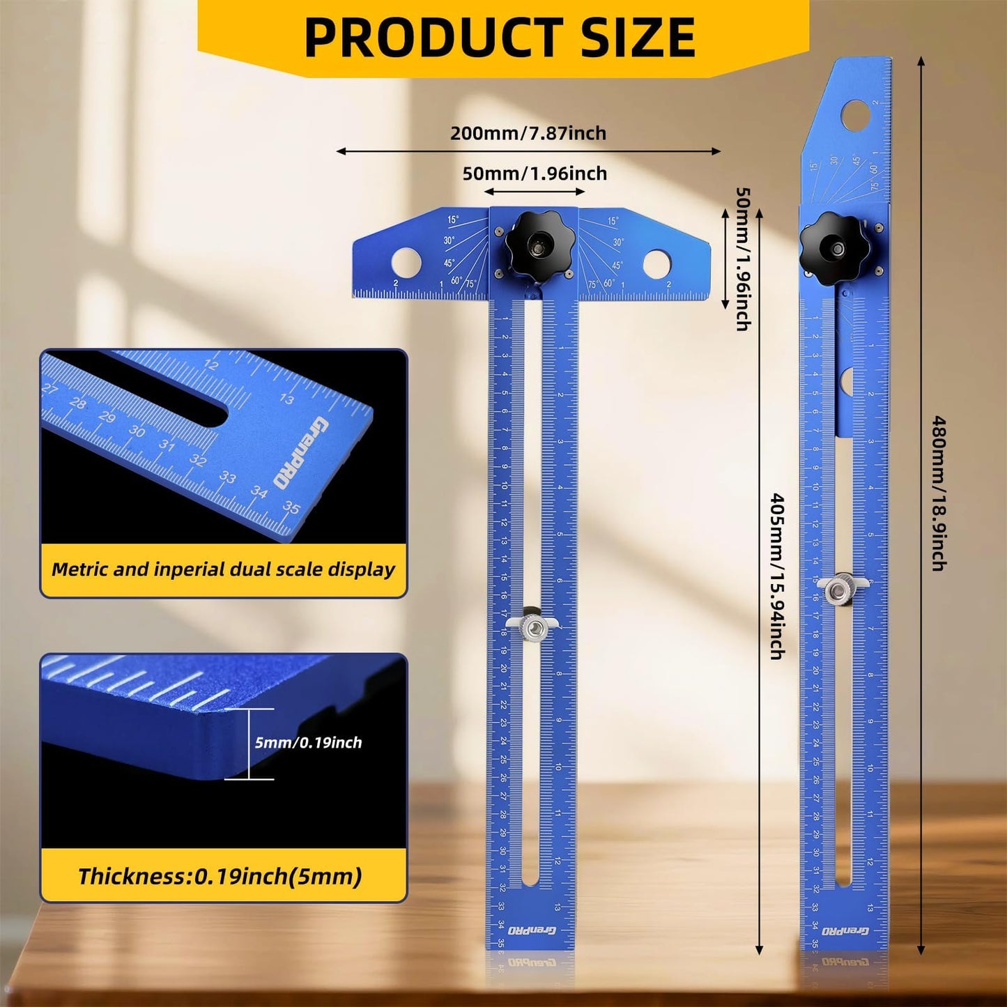 GRENPRO Woodworking Scriber Marking Line Ruler with Carpenter Pencil & Metal Ruler, Adjustable Aluminum Alloy Sliding T-Square Ruler, Measuring Angle Finder with Adjustment Scale,Drawing Aid Rule tool