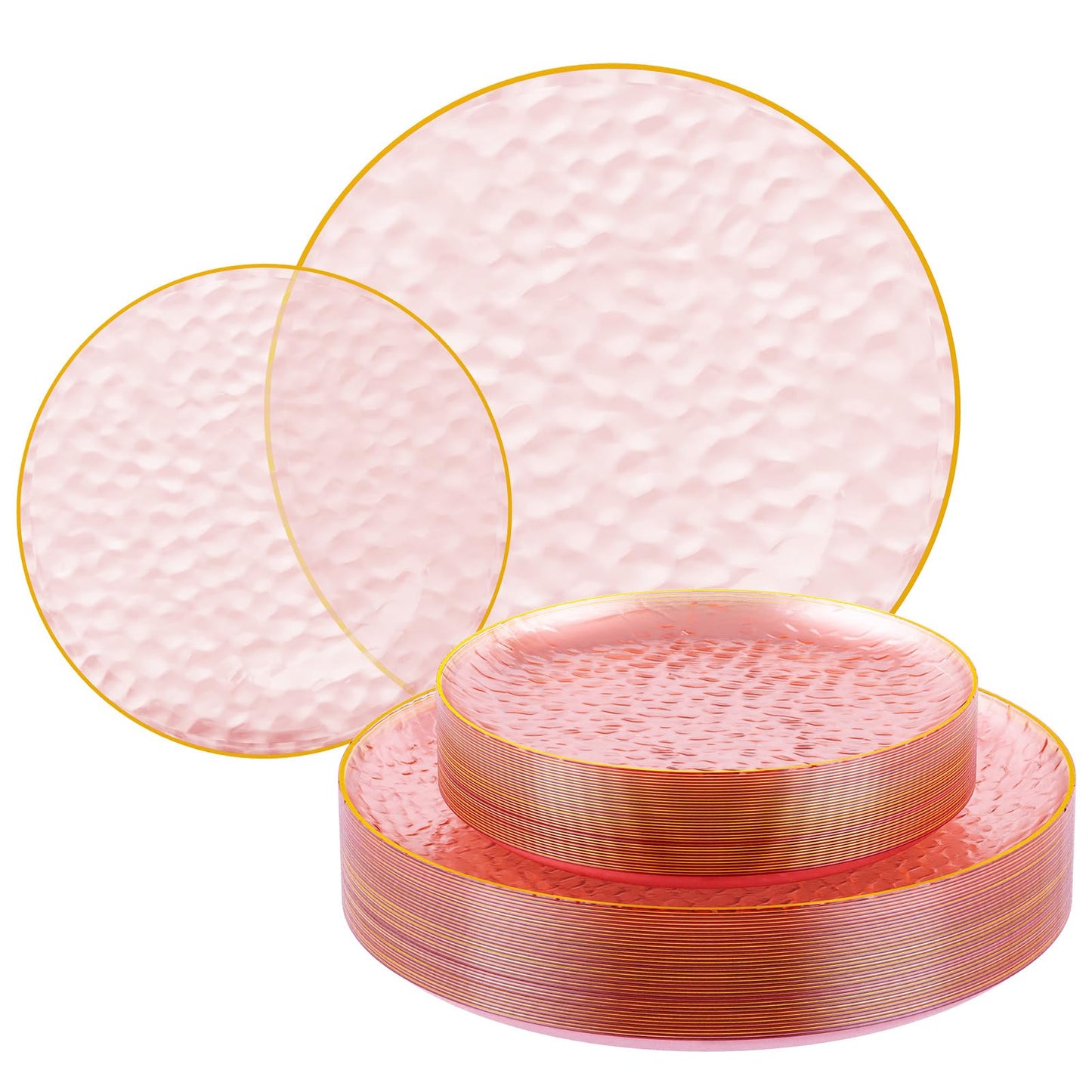 FOCUSLINE 60Pcs Clear Plastic Plates, Pink Disposable Plates with Gold Rim, 30 7" Salad Dessert Plate and 30 10" Dinner Plate Heavy-duty Hammered Plates for Party, Wedding