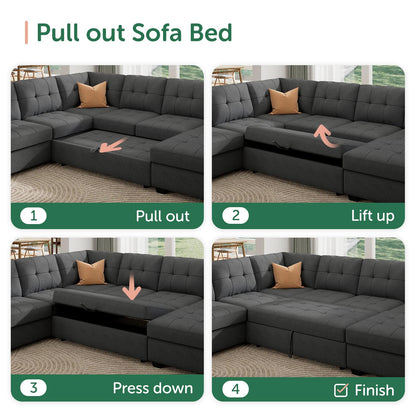 HONBAY Sectional Sleeper Sofa Pull Out Bed with Storage Chaise, Sleeper Sectional Sofa Couch, Sectional Sleeper Bed for Living Room, Dark Grey