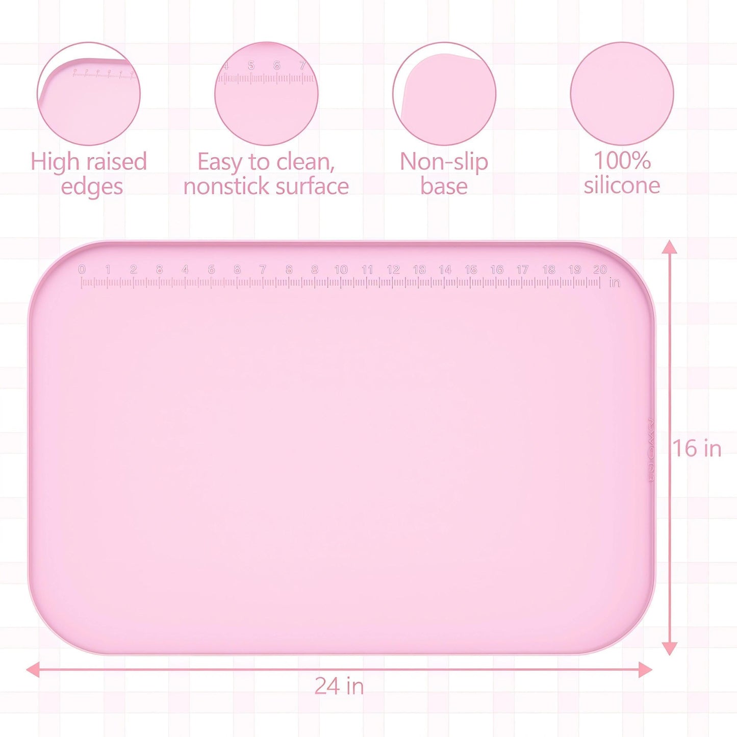 AWOKE 24"x16" Silicone Mats for Crafts with 0.7" High Edges, Large Leak-Proof Art Mat for Playdoh, Resin, Painting, Clay, Slime,Beads, Lego, Puzzle, Non-Stick & Non-Slip Table Protector for Kids, Pink