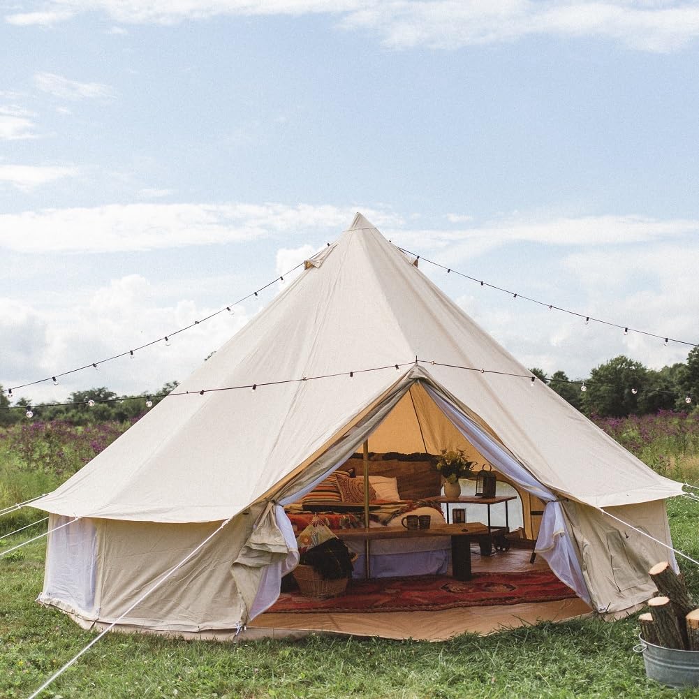 Dream House Outdoor Waterproof Cotton Canvas Family Camping Bell Tent (Beige Cotton Canvas Tent, Diameter 6 Meter)