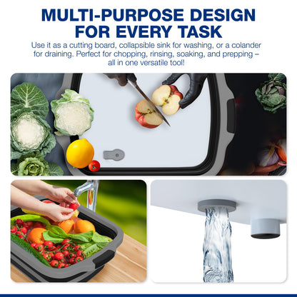 2-Pack XL Collapsible BBQ Prep Tub with Built-In Cutting Board, Lid & Strainer – Marinate, Drain & Prep – Large Food-Safe Container – Perfect for Grilling, Smoking & Outdoor Cooking (Black)