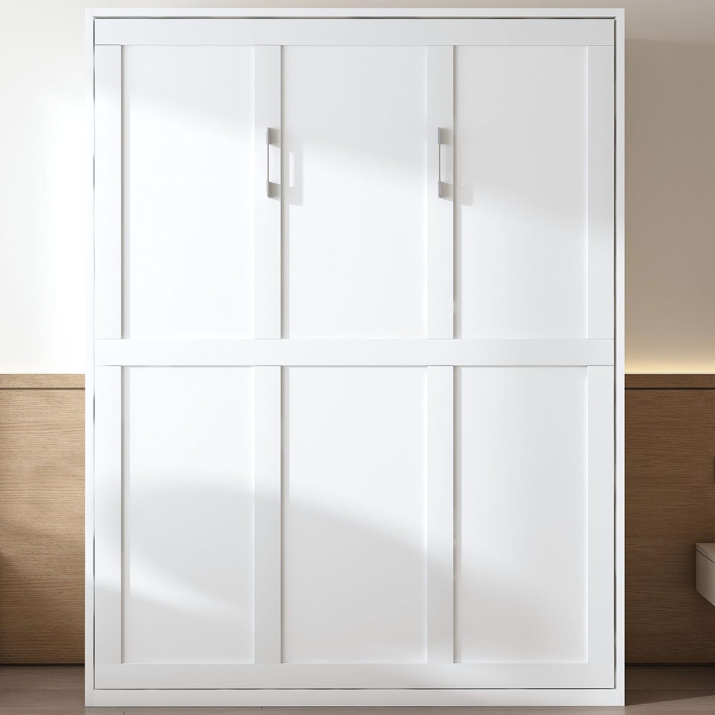 KEIKI Queen Size Murphy Bed Chest, Sapce Saving Folding Cabinet Wall Bed Frame, Foldable Hideaway Cabinets Platform Beds Frames for Apartment Bedroom Guest Room, Wood Slats Support, White