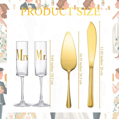Boao 4 Pieces Wedding Toasting Flutes and Cake Server Set Wedding Reception Supplies Champagne Glasses Cake Knife Pie Server (Gold,Elegant)