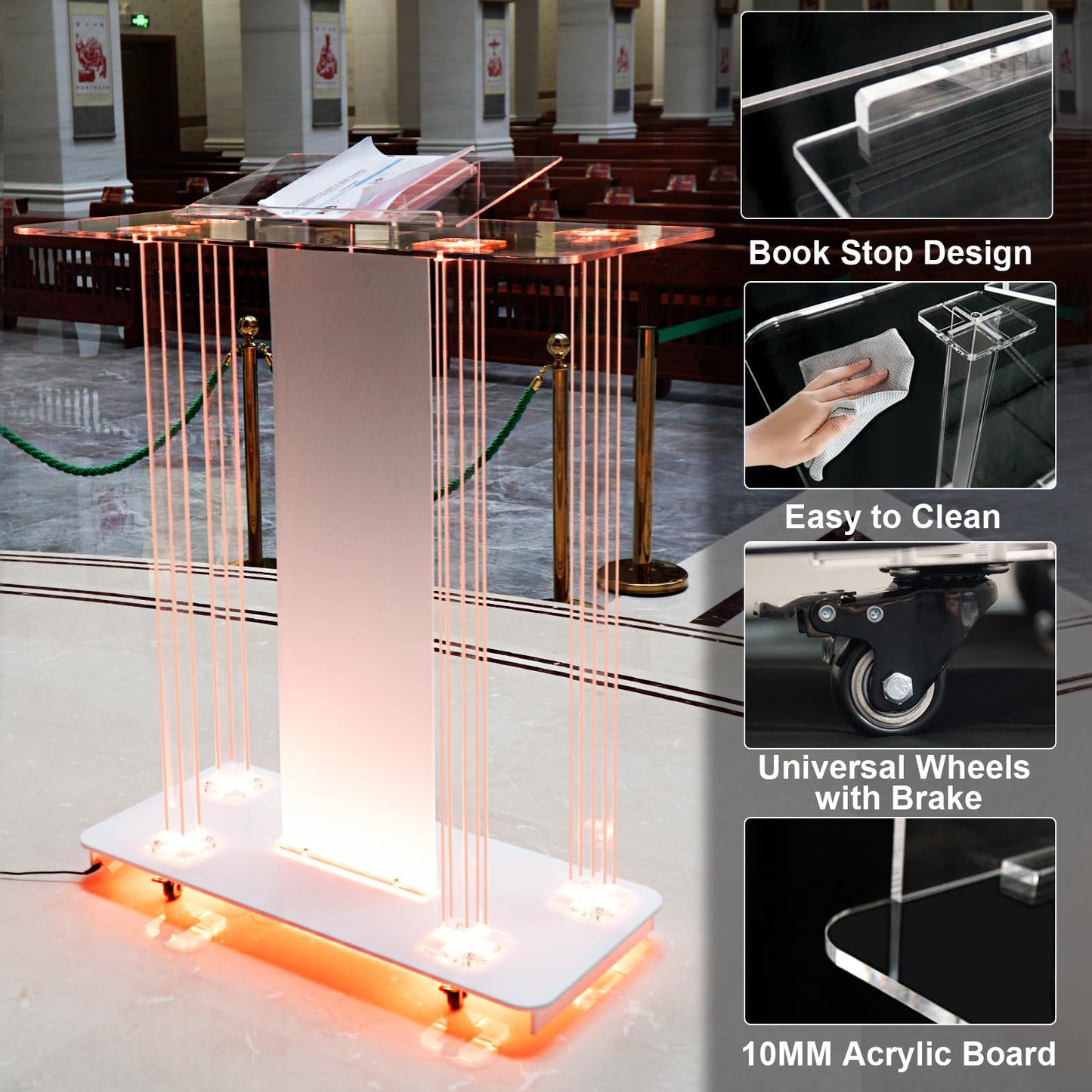 Devloutt Acrylic Church Pilpits with Wheels, 46'' Church Podium with 15 Colors RGB LED Lights,Podium Stand Lecterns Pulpits for Church, Wedding, Concert Speech, Classroom (40”L*17.7”W *46.6”H)