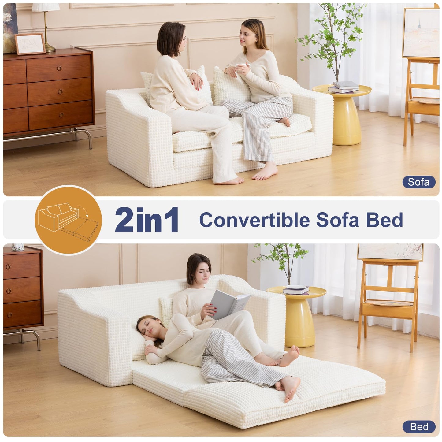 61" Convertible Sofa Bed Loveseat, Memory Foam Boneless Floor Couch with Removable Corduroy Cover, Tri-folding Compact Full-size Sleeper for Small Living Room, Playroom, Guest Room, RV (White)