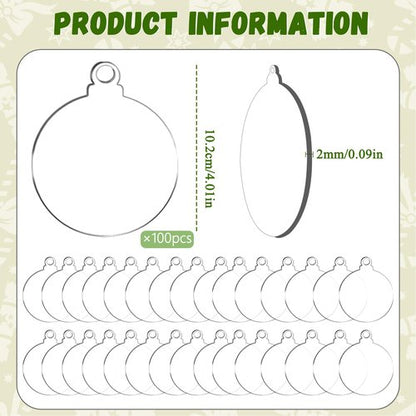 100 Pack Christmas Tree Ornaments Blanks - 4 Inch Clear Round Acrylic Flat Disc Ornaments Blanks Christmas DIY Crafts Transparent Circle Discs for Xmas Winter New Year Party Hanging Decorations