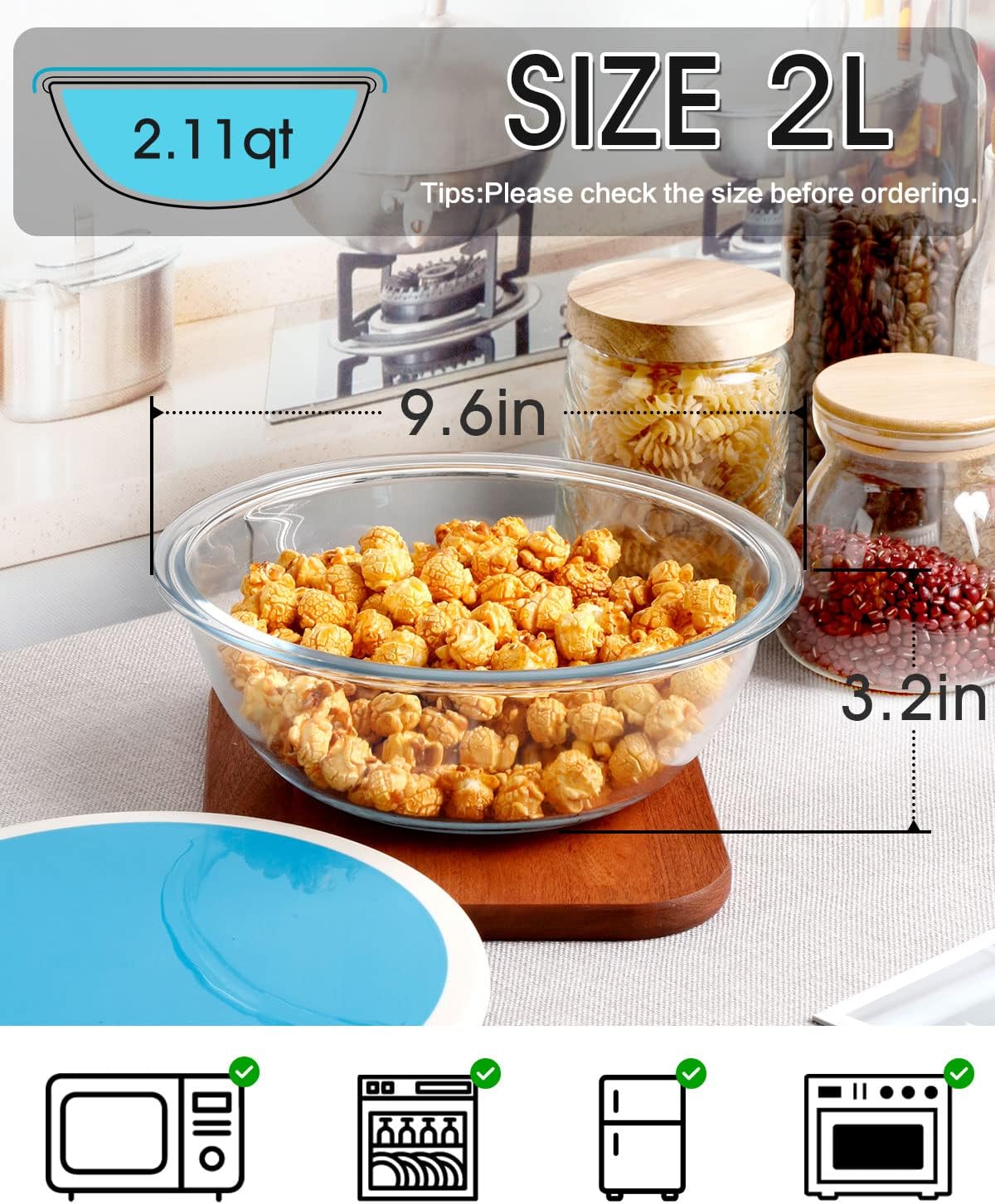 NUTRIUPS 2-Quart Large Glass Mixing Bowls with Lids, 2-Piece Salad Bowl with Lid