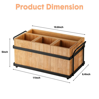 Silverware Caddy Wood Utensil Holder 4-in-1 Bamboo Utensil Caddy with Removable Divider Portable Kitchen & Dining Organizer for Forks, Napkins, Plates, BBQ, Picnic, Camping Countertop Organizing