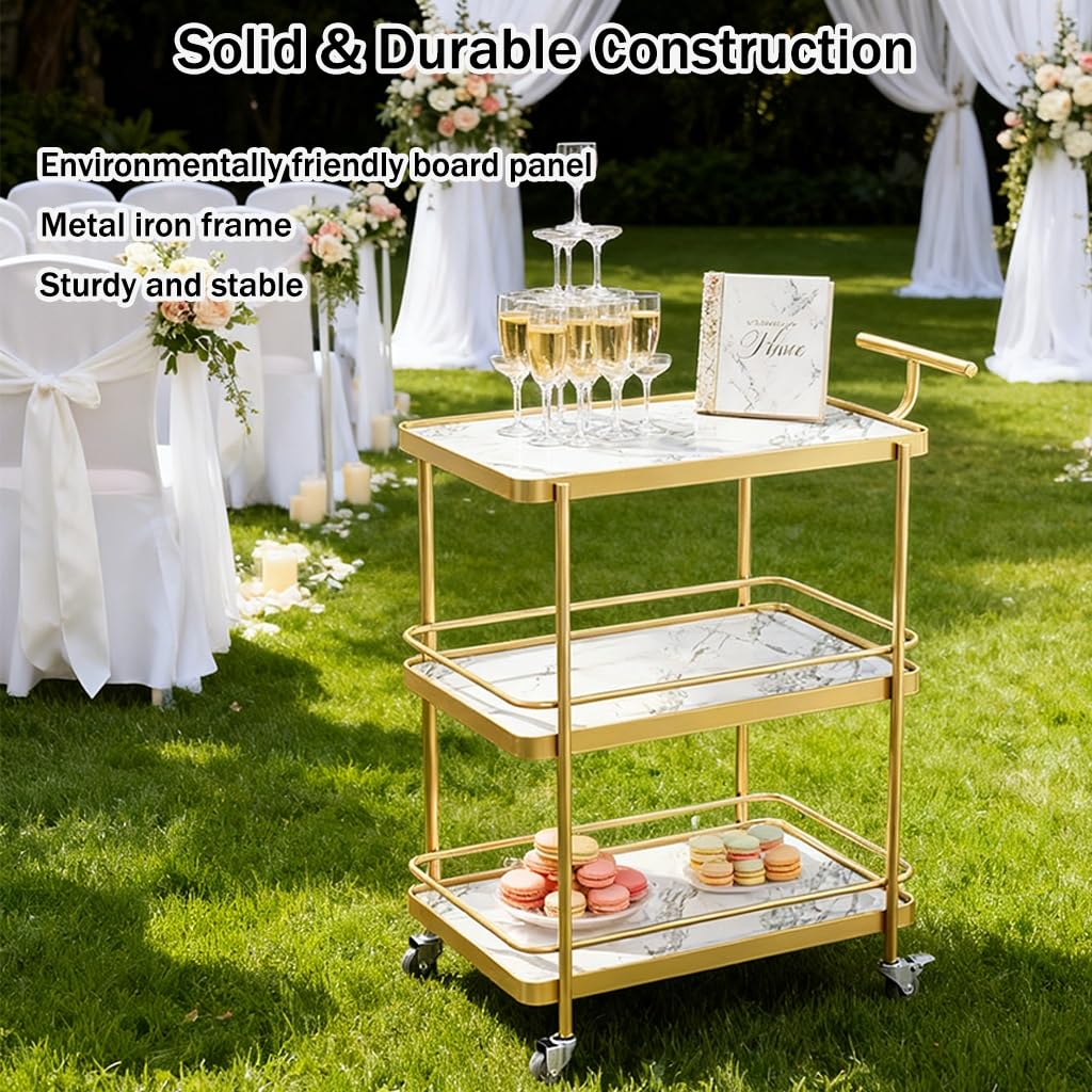 FGQuelleBM Modern 3-Tier Serving Cart, Hotel Liquor Cart with Brake Wheels & Handles, Perfect for Gourmet Food, Wine & Coffee Service(Gold White)