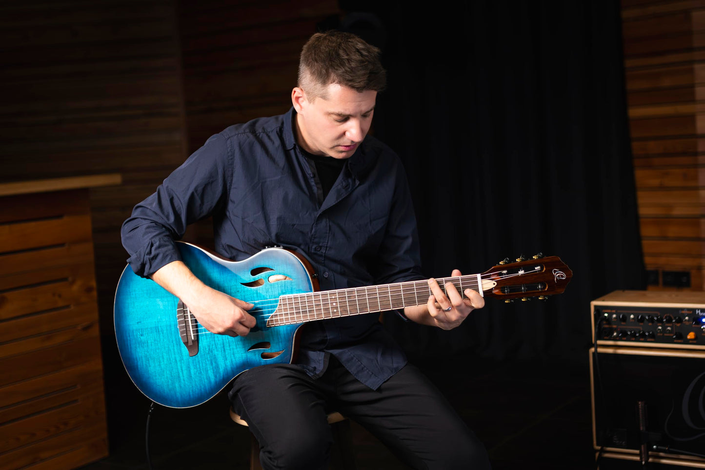 Ortega TourPlayer Deluxe Thinline Crossover Nylon-String Electric Guitar w/Pro gig bag, Flamed Maple Gloss Blue (RTPDLX-FMA)