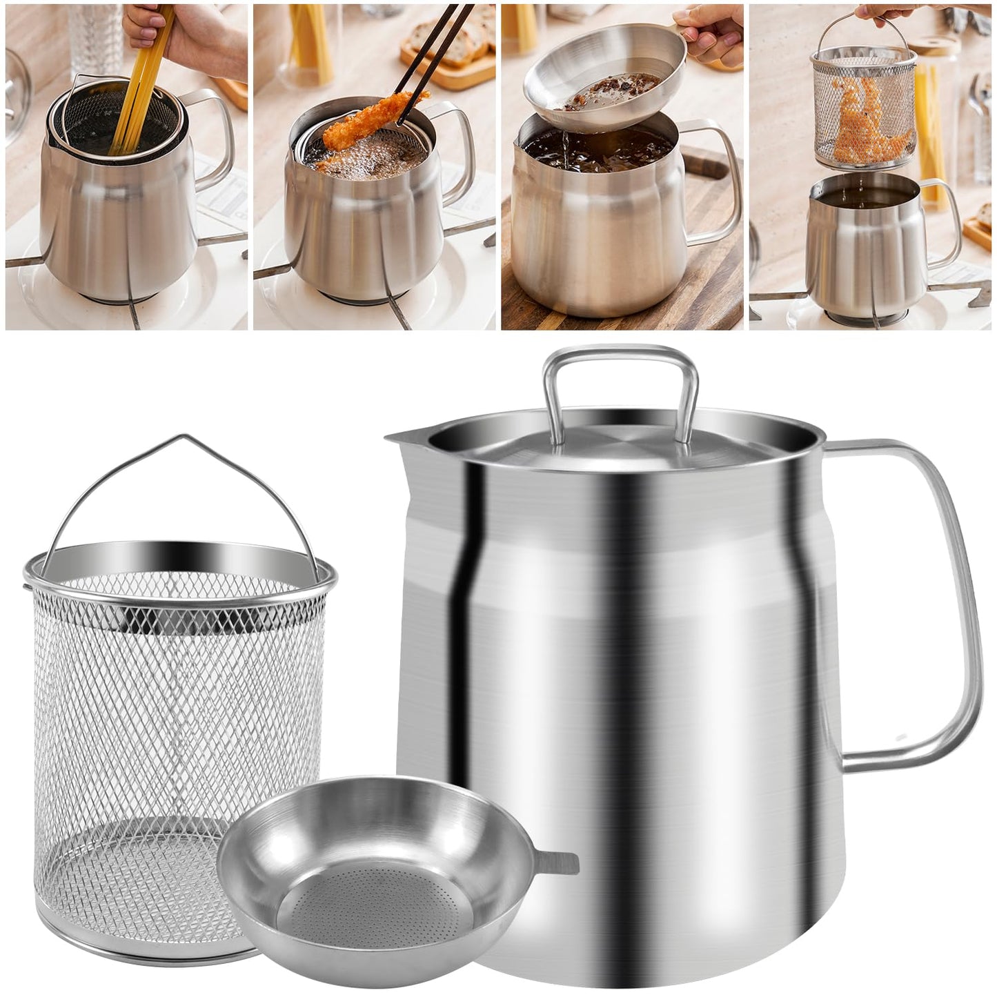 68oz Deep Fryer Pot with Basket and Oil Strainer, Abnaok 304 Stainless Steel Deep Frying Pot for French Fries, Chicken, or Japanese Tempura, Heavy Duty Bacon Grease Strainer
