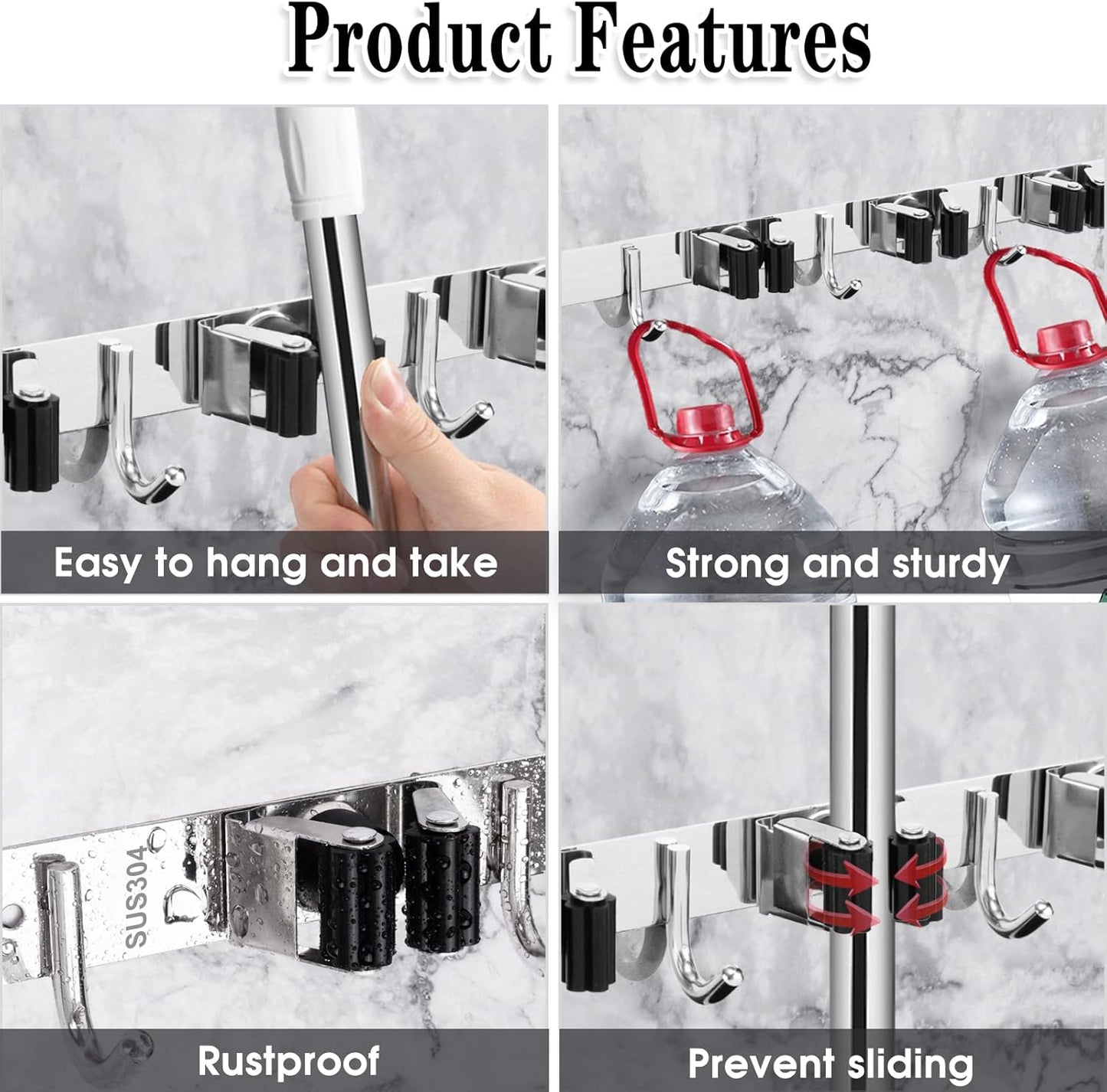 Skiennix Wall-Mounted Broom and Mop Holder - Heavy-Duty 5 Racks & 4 Hooks | Black Stainless Steel Organizer