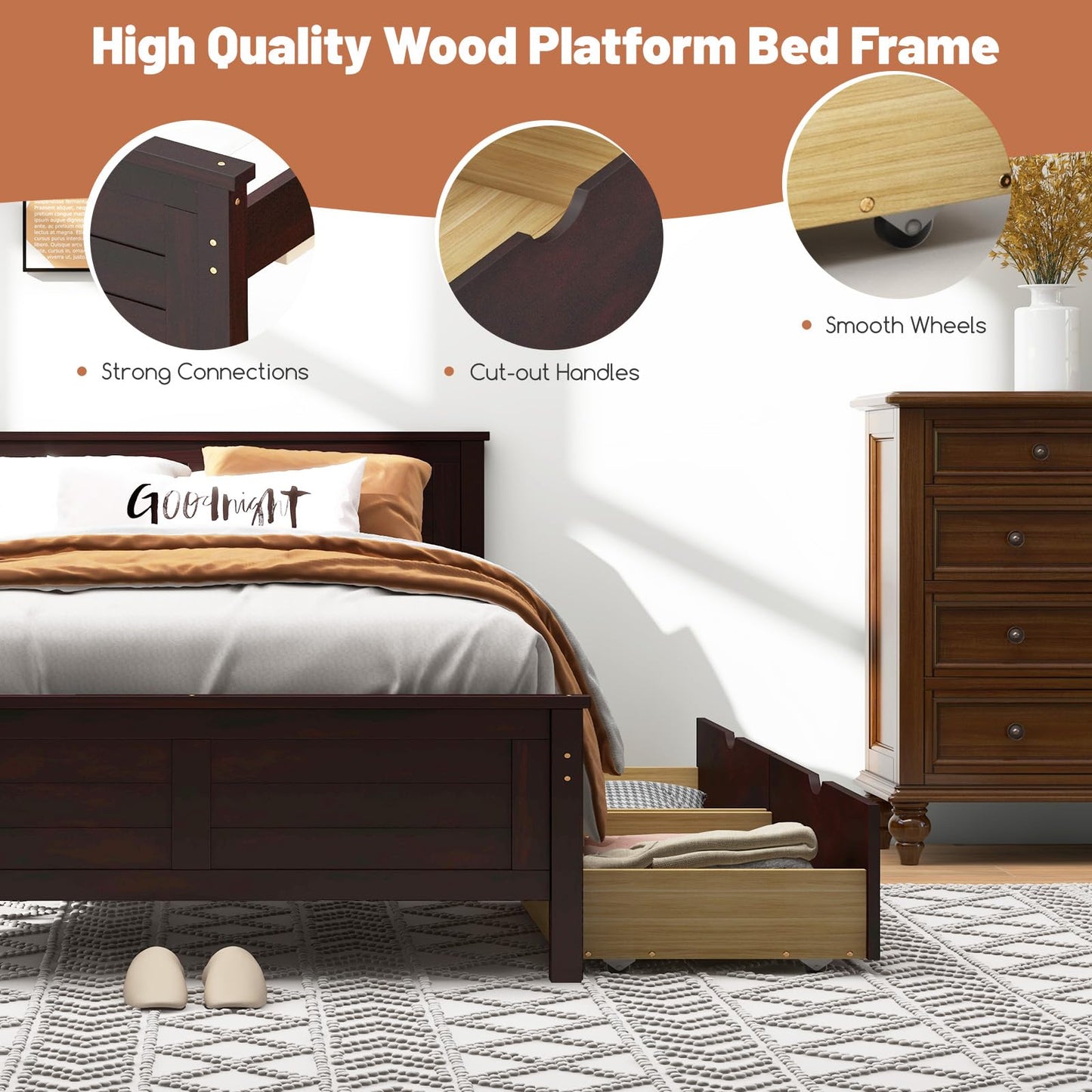 GOFLAME Full Size Bed Frame with 2 Drawers, Platform Bed with Solid Wood Headboard & Footboard, Wood Slats Support Mattress Foundation, Under Bed Storage, No Box Spring Needed, Easy Assembly, Espresso