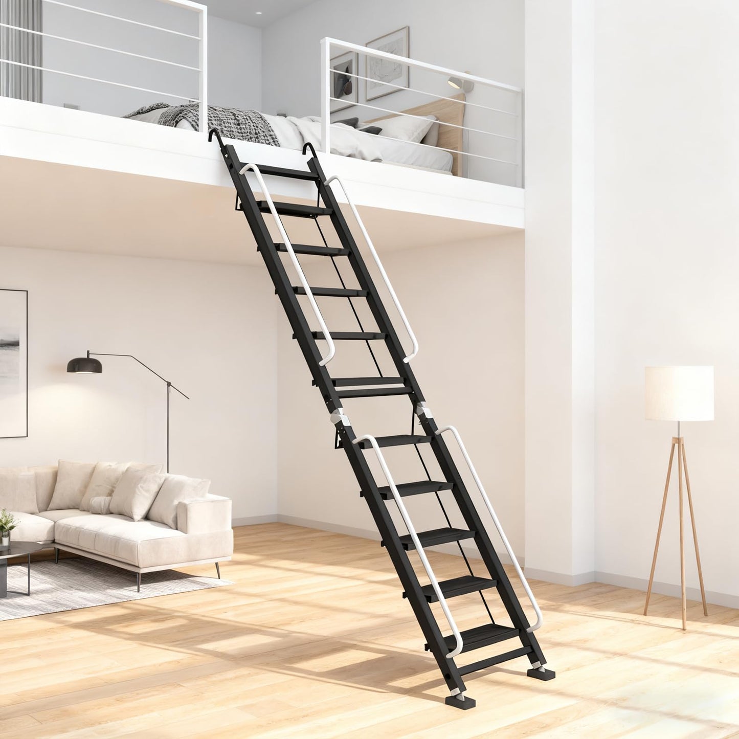 Foldable Aluminum Loft Stairs Ladder, 12 Step Folding Bunk Bed Ladders with Handrails, Portable Anti-Slip Egress Attic Ladder, Floor-Mounted Metal Roof Access Step Ladders for Dorm RV Home Attic Stair