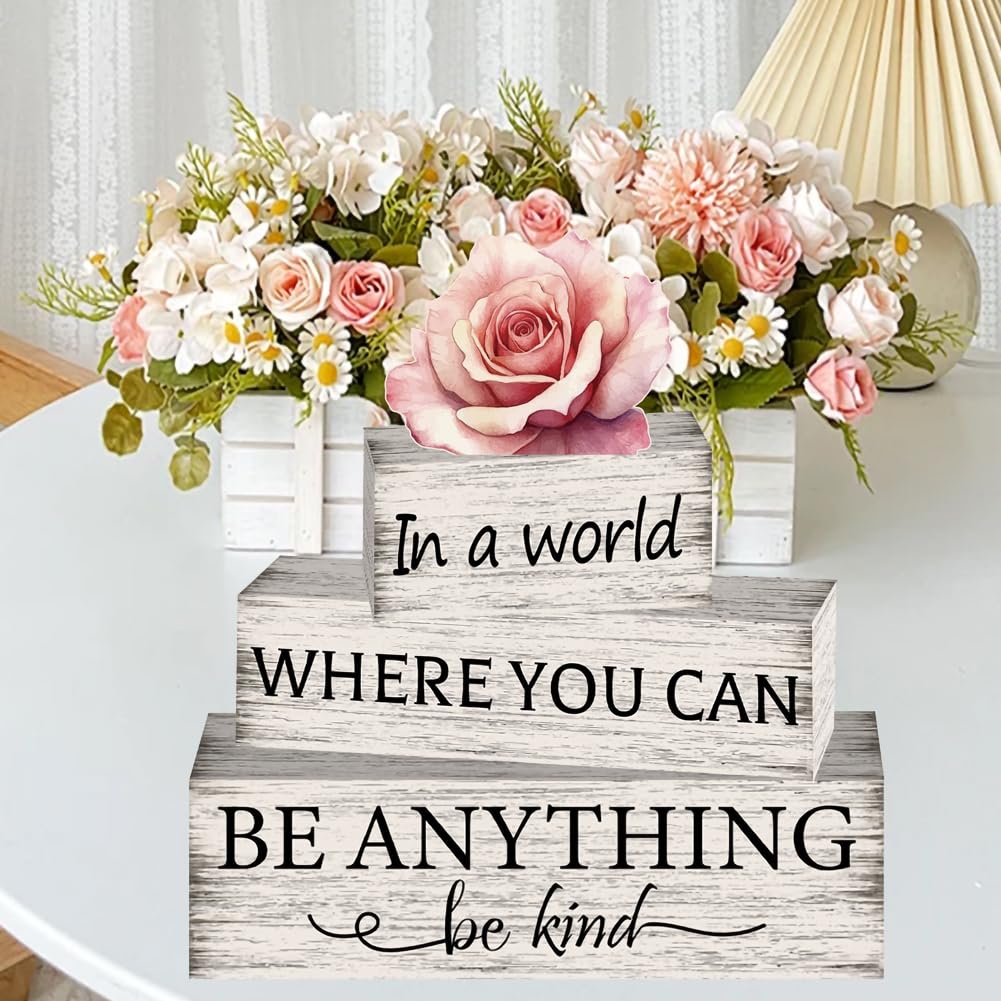 PRESSINART 4 Styles 4 Pcs Farmhouse Wooden Tabletop Decor Farmhouse Block Signs Rustic Rose Pattern Pine Wood Block Tiered Tray Display Sign for Home Shelf Mantel Party Kitchen Decoration Supplies