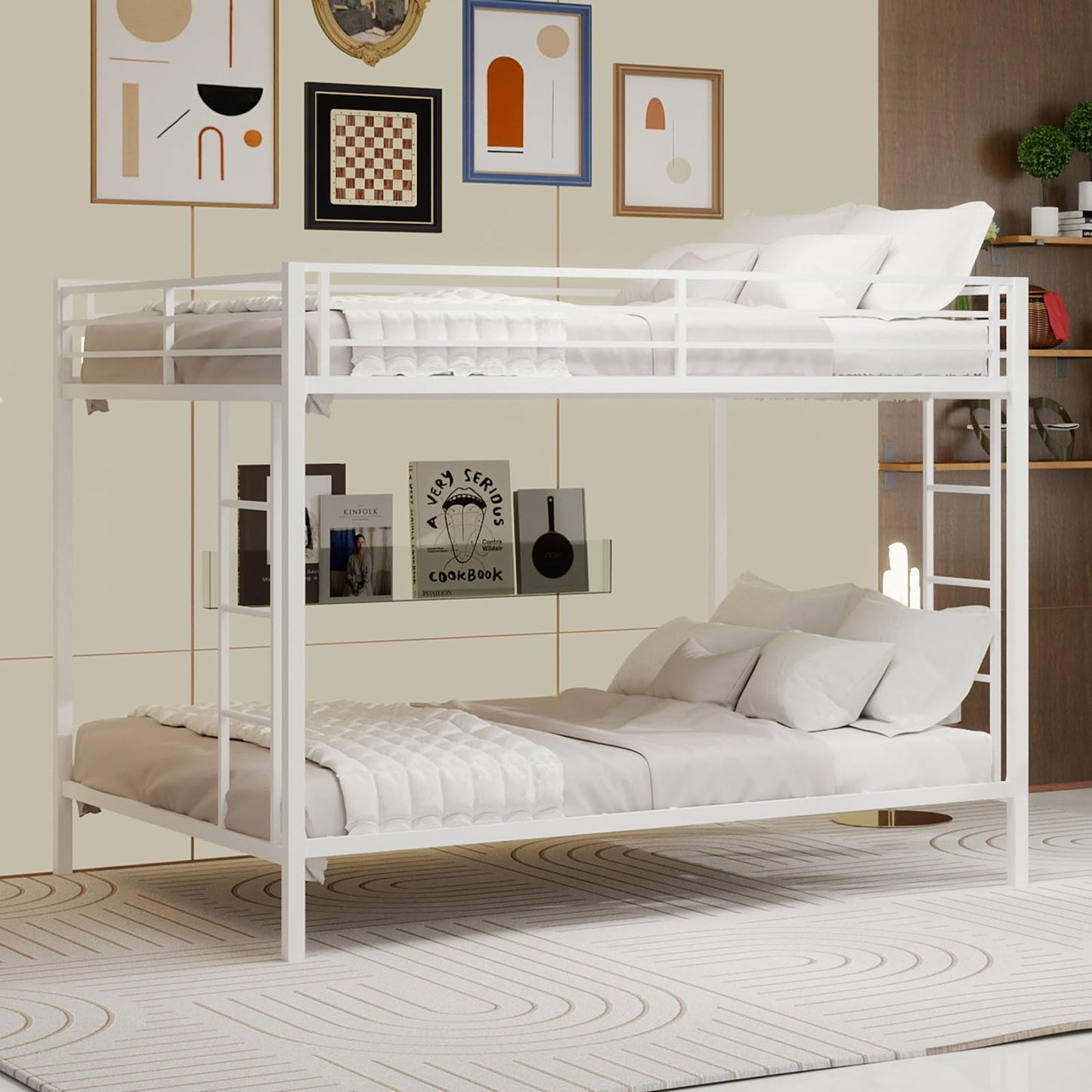 KEIKI Queen over Queen Size Metal Bunk Bed Frame with Built-in Ladder and Full-Length Railing, Modern Style Bunk Bed with Slats and Guardrail, No Box Spring Required, Easy Assembly, for Bedroom, White