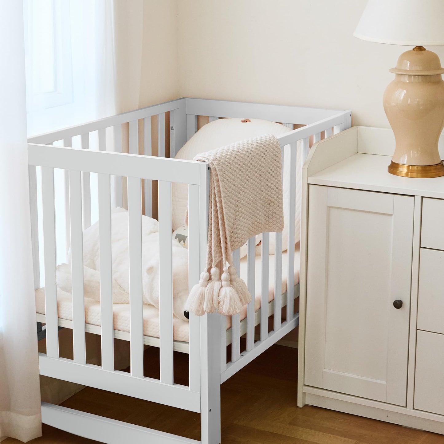 MAMAZING EvoNest Baby Crib, 11 in 1 Convertible Crib with Wheels, 100% New Zealand Wood Growing Bed, Full Size Crib for Baby, 4 Adjustable Mattress Height, White