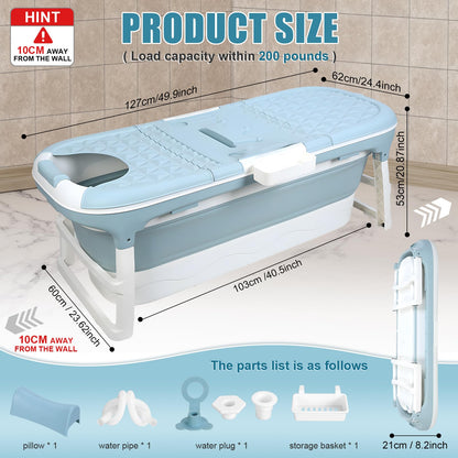 50" Foldable Bathtub for Adults, Large Portable Bath tub with Storage Basket, 1.3 Meter Foldable Bathtub with Thermal Cover for Indoor/Outdoor Use (Blue-50in)