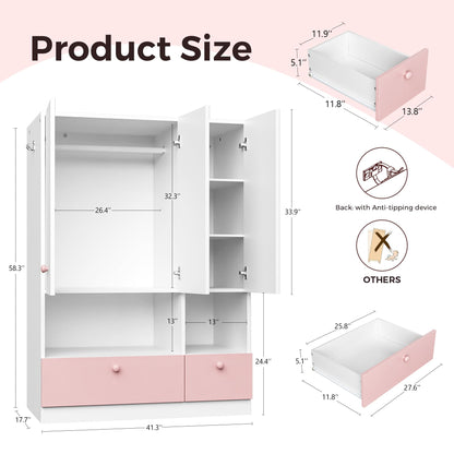 White Armoire Wardrobe Closet with Hanging Rod - Freestanding 3-Door Wooden Wardrobe Cabinet Closet for Bedroom & Dorm, Bedroom Armoires, Features Adjustable Shelves and Drawers for Toys & Clothes