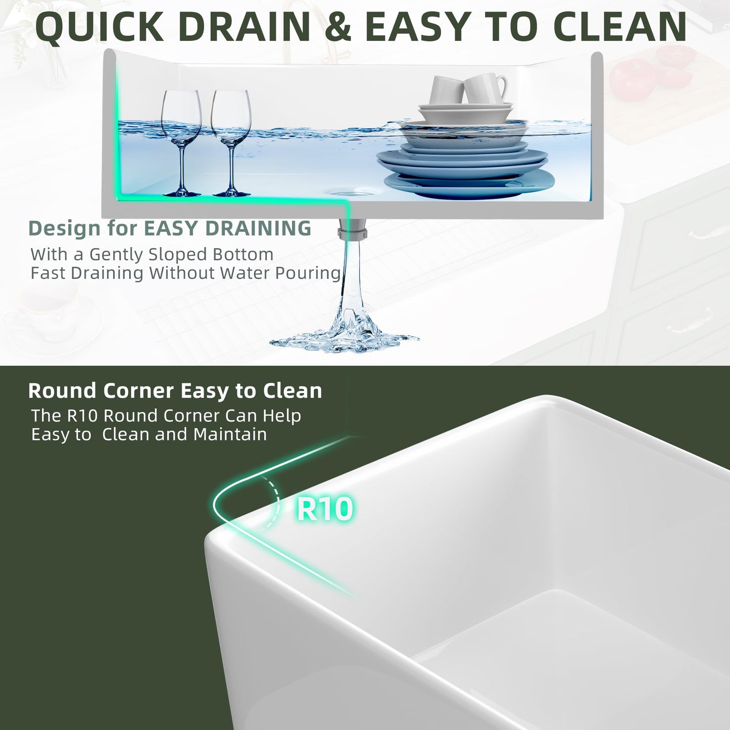 TUKTUK White Farmhouse Sink 33 inch Fireclay Apron Front Farm House Kitchen Sink Single Bowl Deep Drop In Undermount Reversible Heavy Duty Easy to Clean Porcelain Kitchen Basin Modern Luxury Accessory