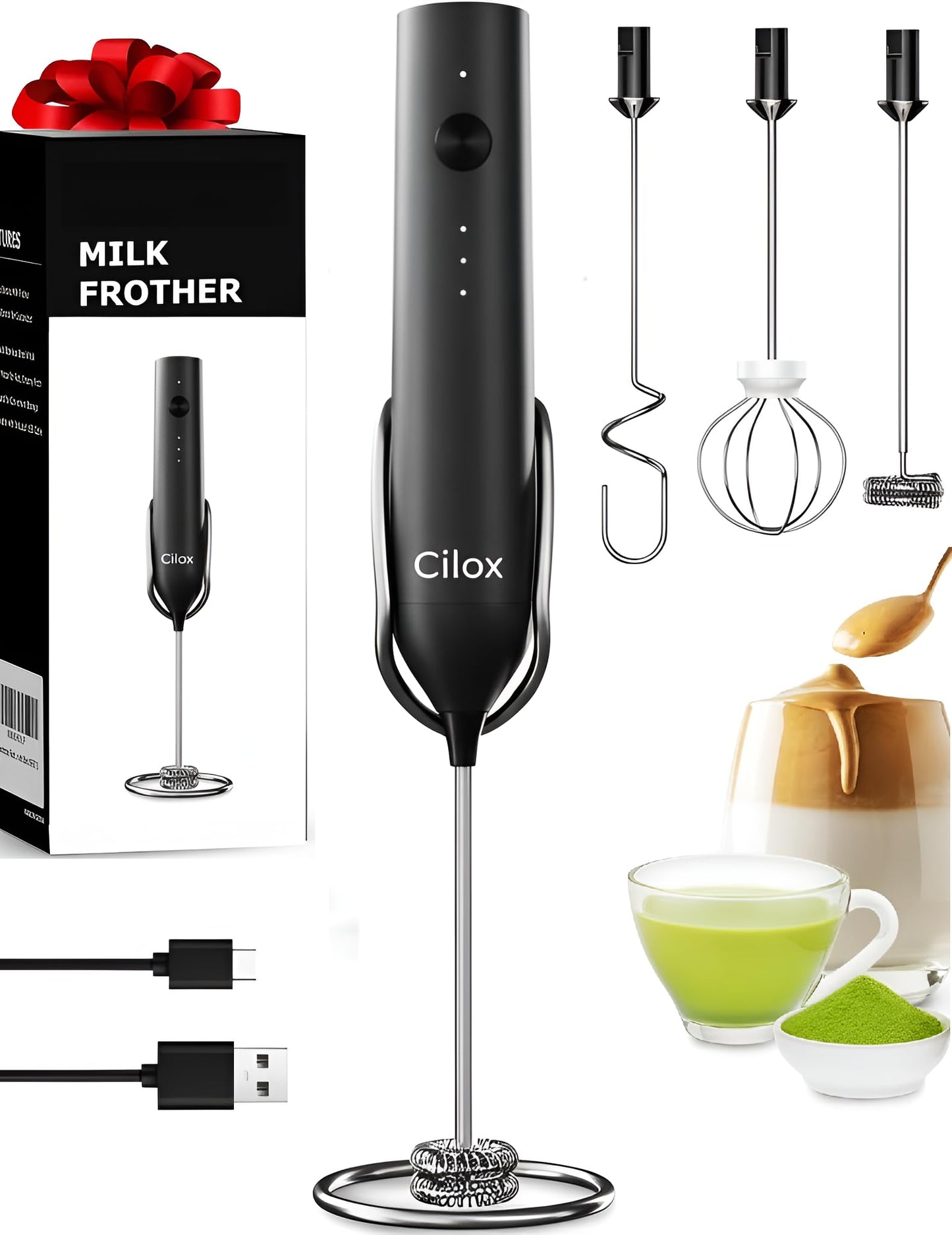 Rechargeable Milk Frother Handheld with 3 Whisk and Stand, 3 Speed Frother Wand Mixer, Dual Spring Whisk Coffee Frother for Matcha, Lattes, Cappuccino, Frappe Drink, Hot Chocolate