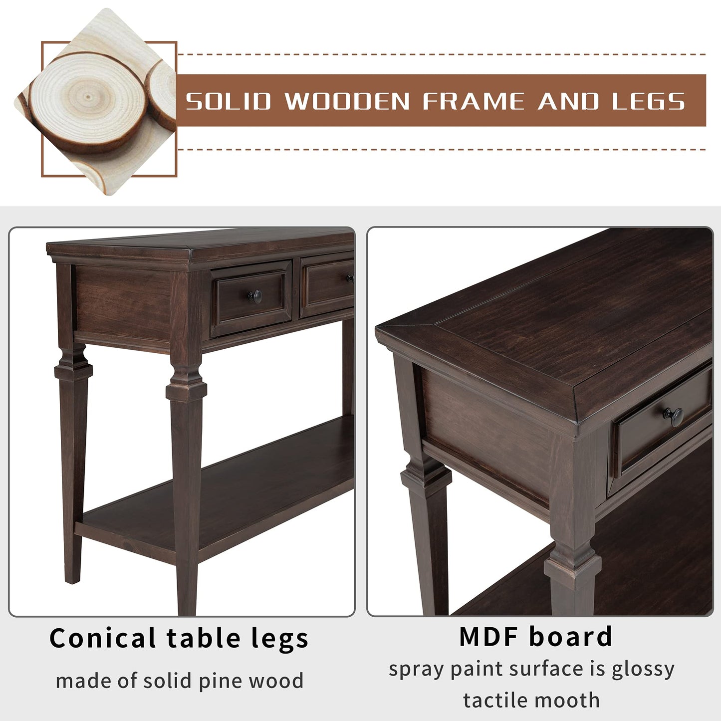 Merax Wood Farmhouse Entry Way Hallway Console Table with Drawers and Bottom Shelf Narrow Long Sideboard for Living Room Bedroom Espresso