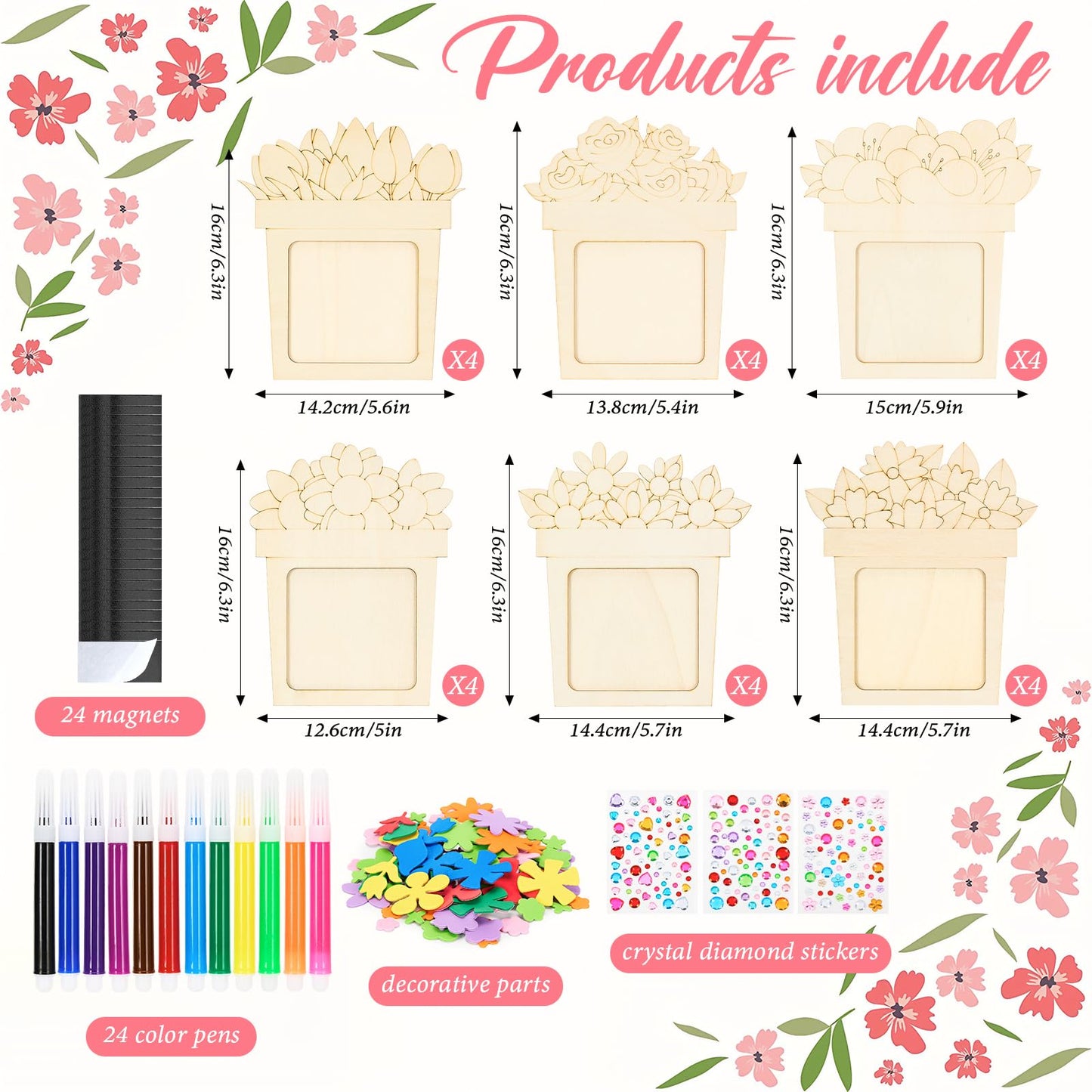 Bafeil 24 Pcs DIY Wooden Picture Frame Craft Kit, Mother's Day Flower Photo Frame Magnets to Paint, Unfinished Wood Frames with Color Pens, Gem Stickers & EVA Foam Shapes, Handmade Gift Set