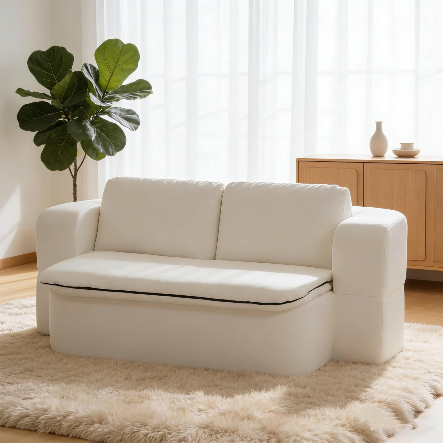 Trygoal 74.8" Convertible Futon Sofa Bed, Foldable Floor Couch with Pocket Spring & Foam, Compression Packed Sleeper Sofa with Cushion Blanket, Lazy Couch for Living Room Bedroom Apartment, Cream