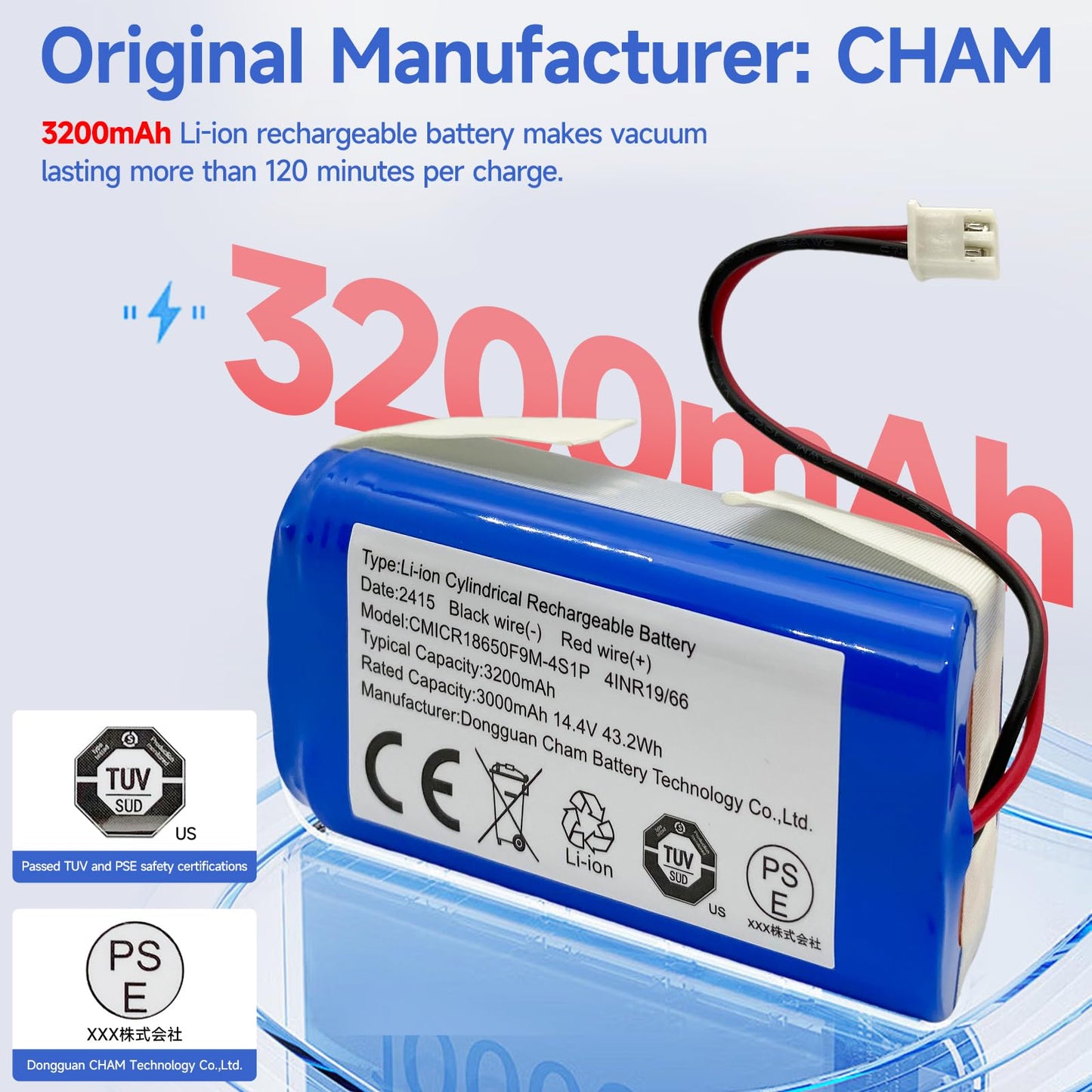 Replacement Shark RVBAT850 Battery for Shark Ion R75 R85 RV850 S87 AV752 AV751 RV761 RV851WV RV871 RV1000S RV1100VL RV101AE UR1000SR vacuum 3200mAh 14.4v/14.8v OEManufacturer CHAM (2-Prong Connector)