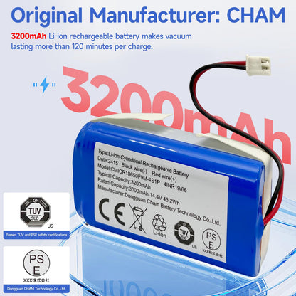 Replacement Shark RVBAT850 Battery for Shark Ion R75 R85 RV850 S87 AV752 AV751 RV761 RV851WV RV871 RV1000S RV1100VL RV101AE UR1000SR vacuum 3200mAh 14.4v/14.8v OEManufacturer CHAM (2-Prong Connector)